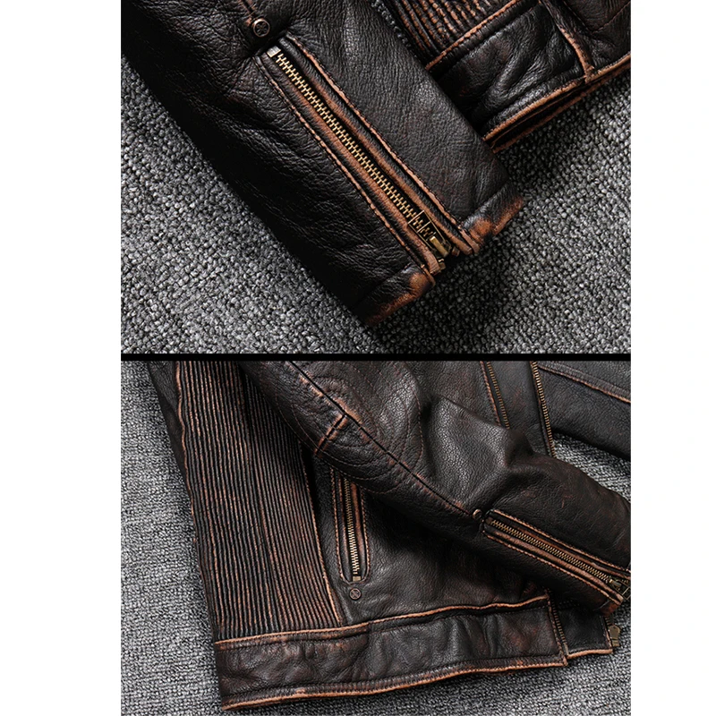 

2020 Cowhide Jacket Men's Vintage Thick Genuine Leather Zipper Coat Male Moto Biker Slim Fit Jacket Fast Ship Free DHL/TNT