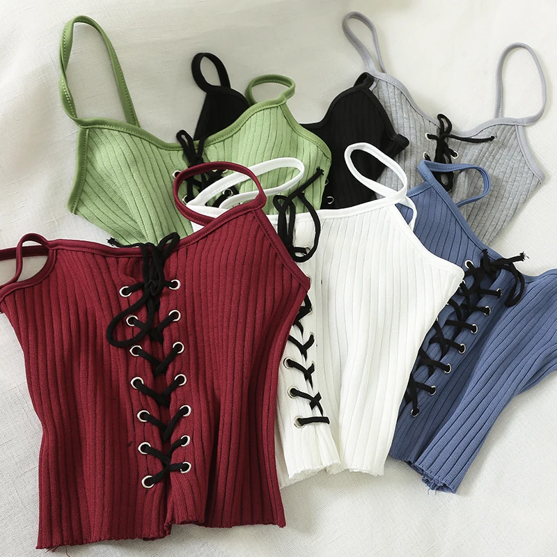 

FAKUNTN Women Knitted Rib Cami Top Lace-Up Front Solid Drawstring Eyelet Sleeveless Camis Spaghetti Rib Crop Top Sexy Feminino