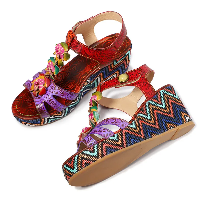 

Womens Wedge Heel Genuine Leather Sandals Ladies Summer Leather Ankle Strap Flower Pumps Shoes Vintage Handmade Platform Sandals