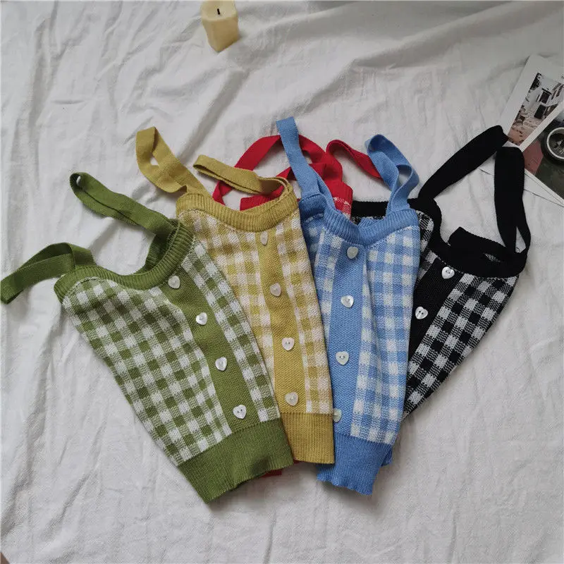 Топы женские летние разноцветные трикотажные клетчатые бретельки камзол с