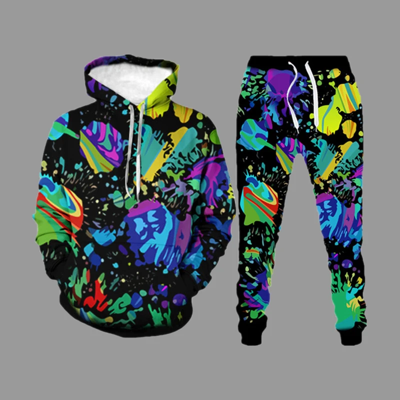 Autumn Trendy Hoodie Sweatshirt Suit Ink Graffiti Hooded Tracksuit Mens Sets Couple Casual Long Sleeve Tops and Pants Outfits