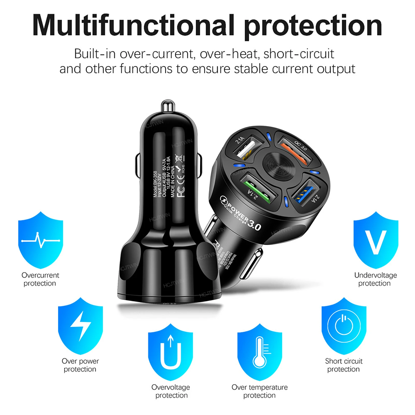 2 шт. 5V 2.1A + QC3.0 зарядных порта USB для автомобиля Зарядное устройство быстрой 12V-32V 4