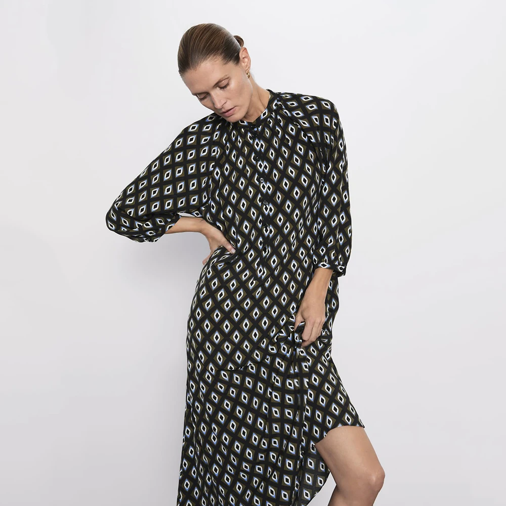 Длинное платье ZA с геометрическим принтом Трендовое Повседневное круглым