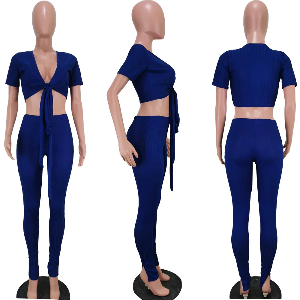 

HAOOHU 2020 Women Sets Summer Tracksuits Knitted Tops+Pocket Pants Suit Two Piece Set Night Club Party Outfits Sportswear 2 pcs