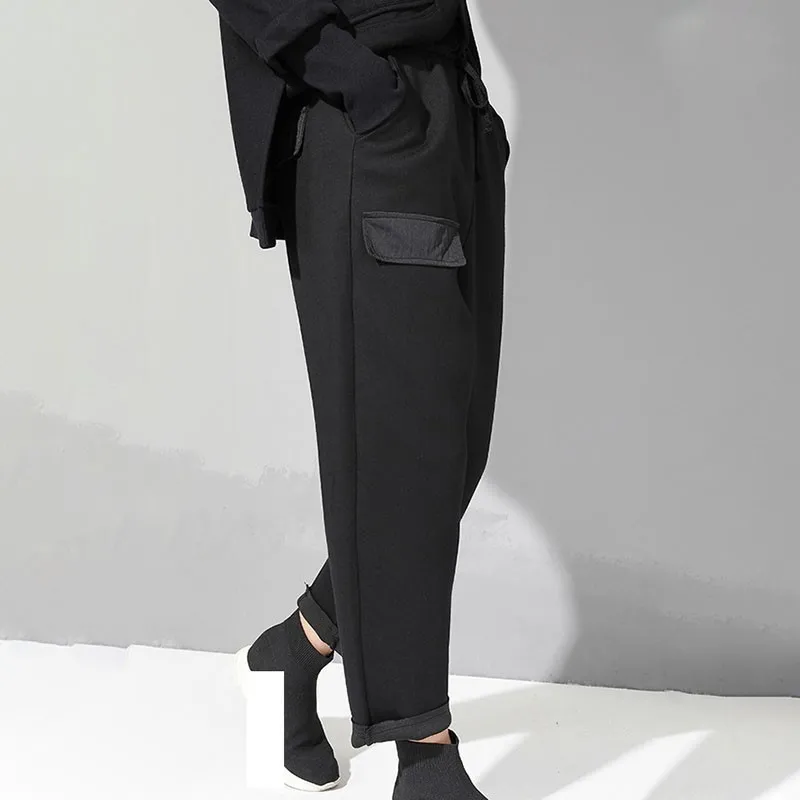 

[EAM] 2021 New Spring Autumn High Elastic Waist Drawstring Pocket Stitc Loose Harem Pants Women Trousers Fashion Tide JO134