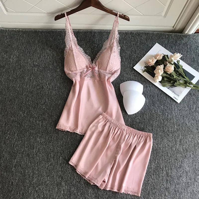 

Пижамный комплект женский кружевной, пикантная одежда для сна, топ без рукавов и шорты с подушечкой для груди, лето-осень