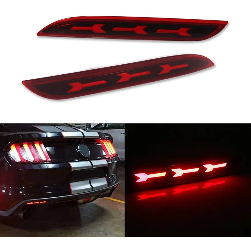 

Автомобильный Светодиодный отражатель заднего бампера, стоп-сигнал, задние фонари, противотуманные фонари, красные линзы для Ford Mustang 2015-2017