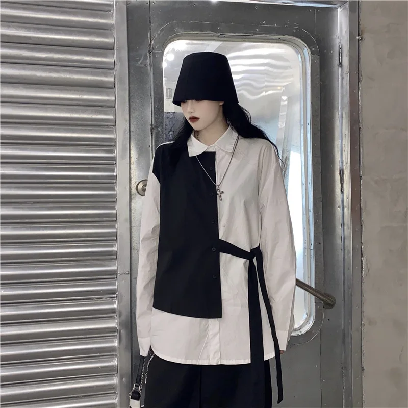 

GothGotik Gothic Street Style Contrast Color Shirt For Women Bandage Long Sleeve Blouse Basic Tops Casual Summer Streetwear