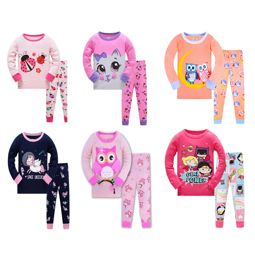 2 Pieces Kids Girl Long Sleeve Cartoon Pattern Outfit Set Toddler Casual Cotton Pajamas Children Crewneck PJS Clothing 3-8 Years