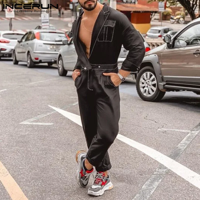 

Мужской однотонный комбинезон с отложным воротником и длинными рукавами