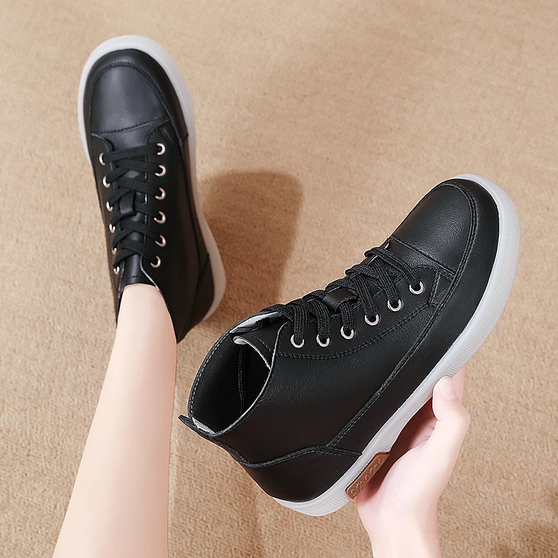 Women New Fashion Cow Split Casual Ankle Boots Ladies All-match Breathable Comfy Leather Shoes Lace-up Leisure Mid-high Footwear