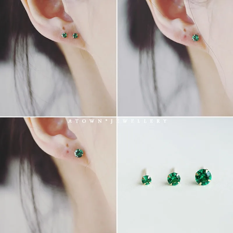 

S925 Sterling Silver Plated 14K Gold Emerald Green Earrings All-Match Mini Japanese And Korean Small Round Four Prongs Jewelry