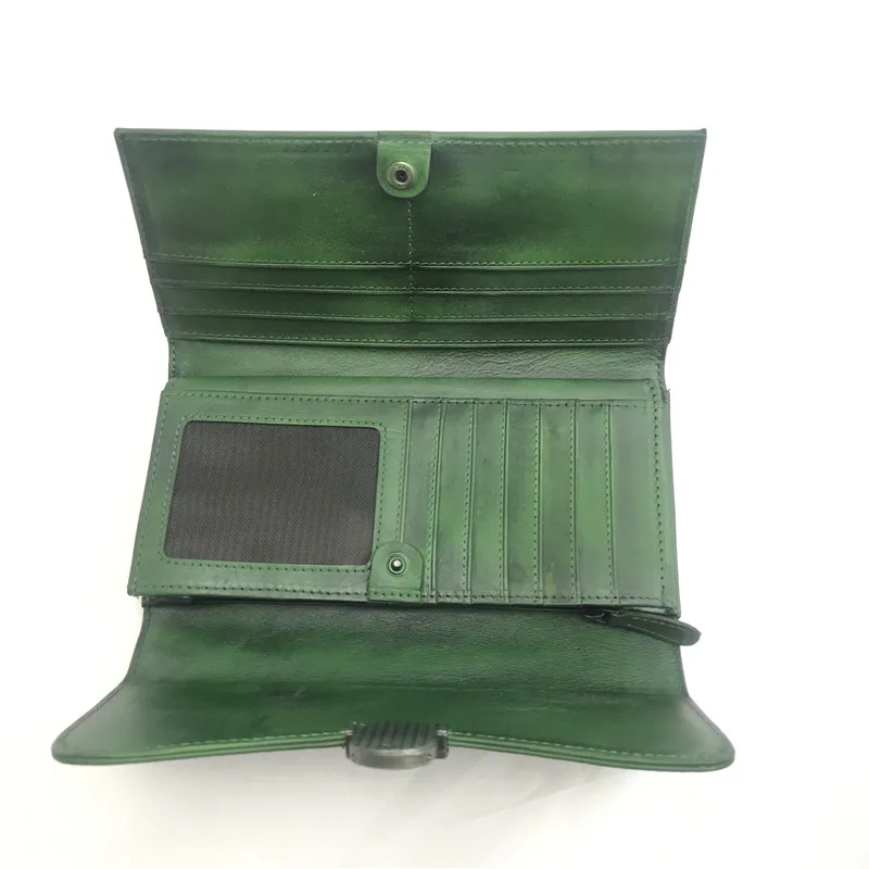 Женский Длинный кошелек в винтажном стиле с застежкой темно зеленый из