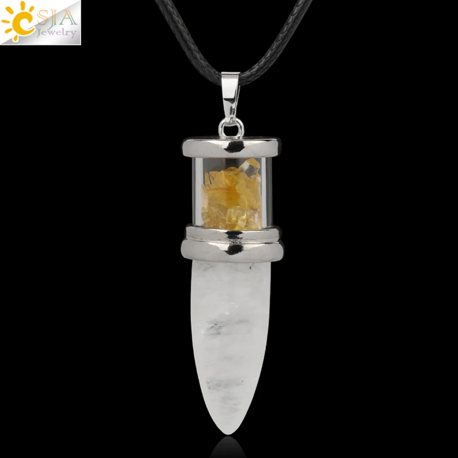 Citrine-Chain CSJA в форме пули подвески из натурального камня розовый кварц Фиолетовый Кристалл ожерелья Желая бутылка конус рейки Маятник для женщин и мужчин G284 - Окраска металла: Citrine-Chain