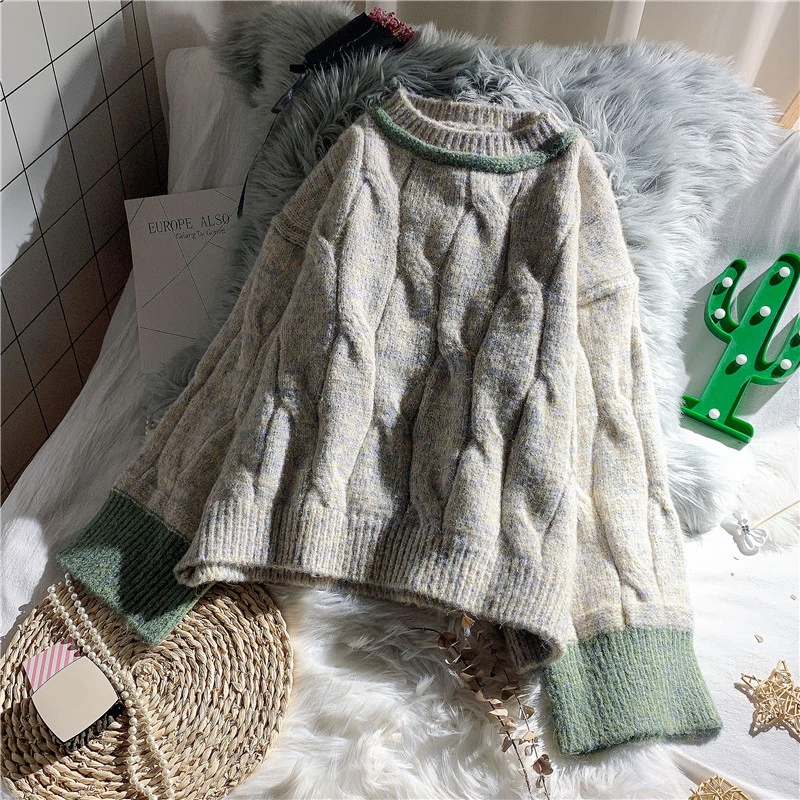 

2021 Knitted Women Sweaters and Pullovers Flare Sleeved Loose Thicken Warm Short High Waist Lady Pullovers Outwear Coat Tops