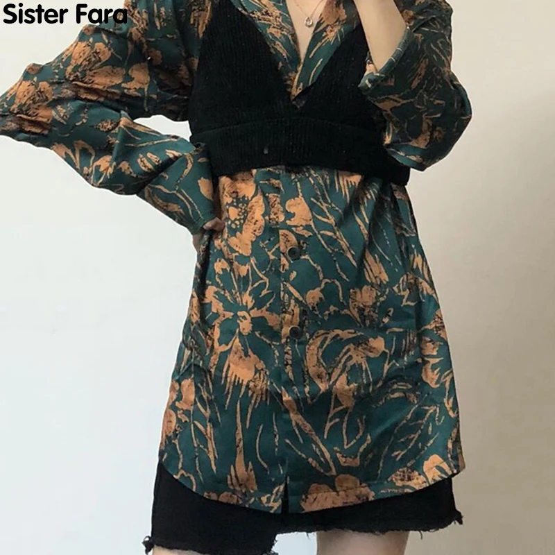 

Sister Fara Spring Print Floral Women's Shirt Bra 2 Piece Set Turn-down Collar Casual Blouse Autumn Fashion Woman Blouses 2021