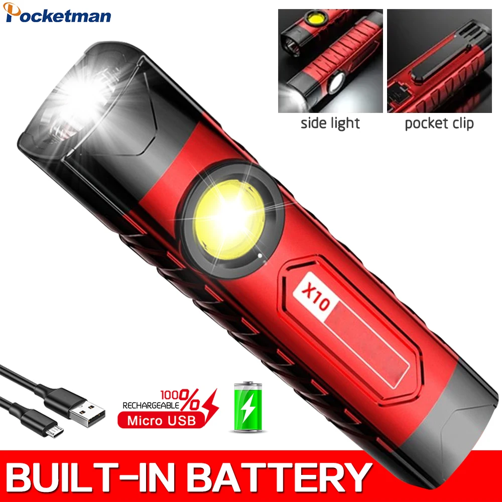 

Portable LED Flashlight Mini COB Work Light USB Rechargeable 18650 Camping Torch with Clip 3 Modes Powerful Fishing Lantern
