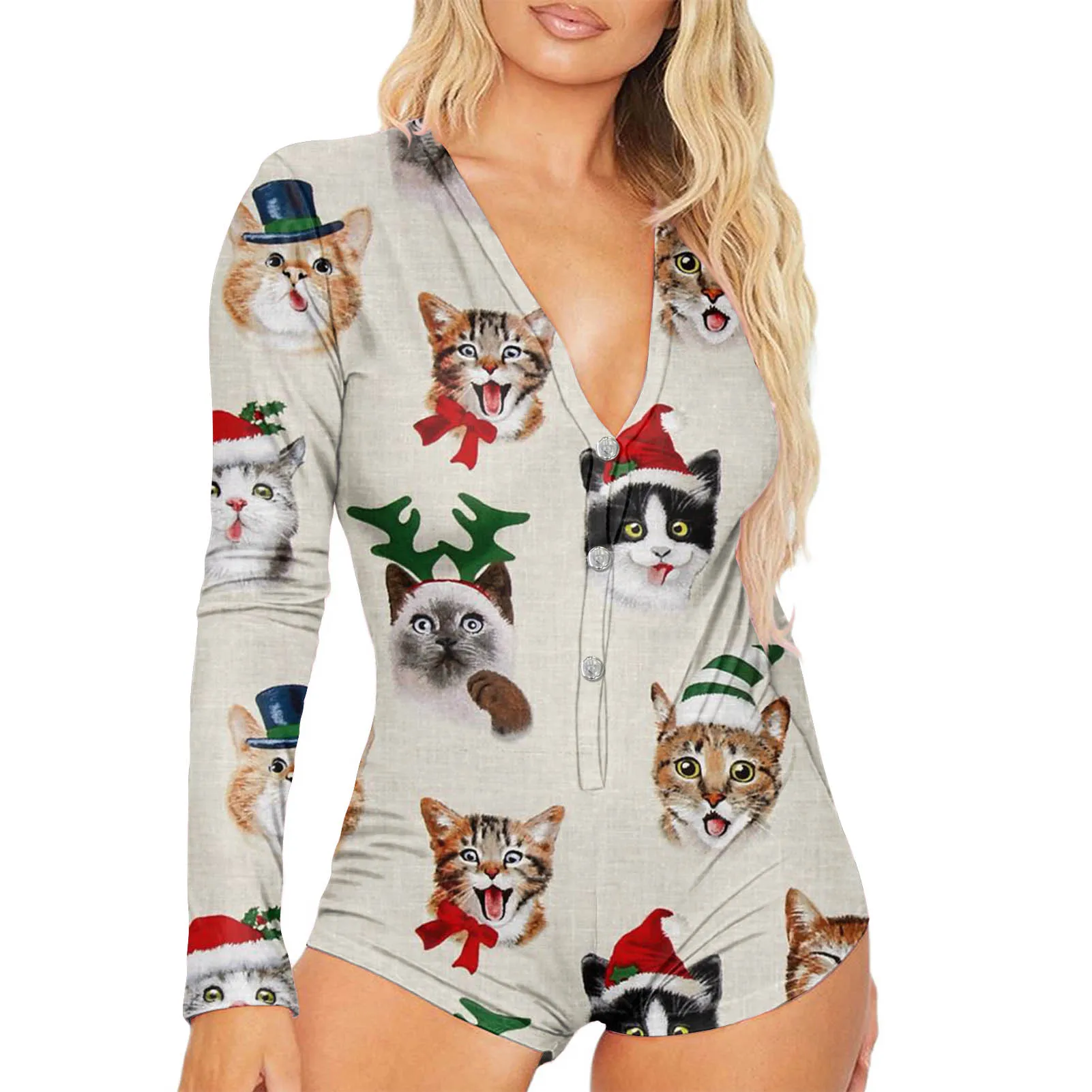 

HYCOOL Wholesale Christmas Cat Print Sexy V Neck Onesie Fall Women Long Sleeve Body Suit Women Xmas Button Down Romper Jumpsuits