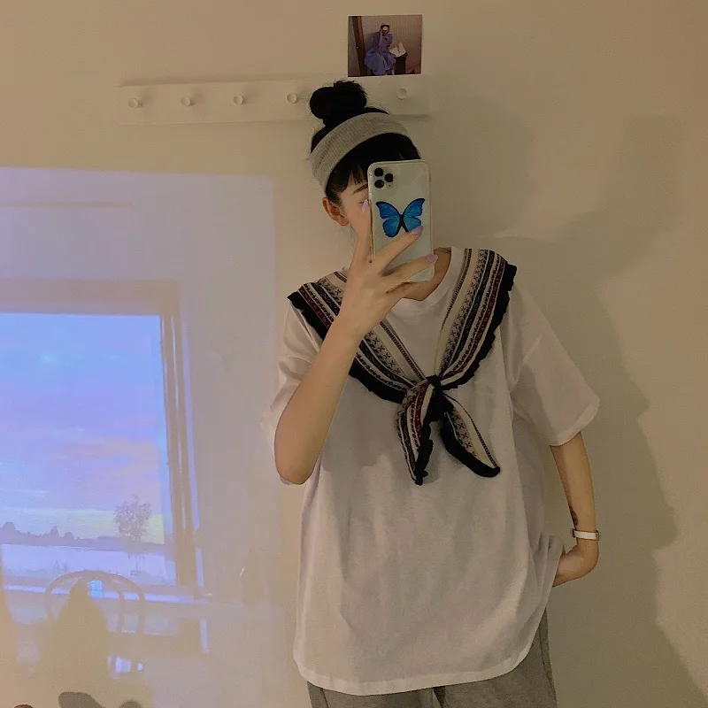 

Summer New Shoulder Strap Cotton T-Shirt Female Harajuku Style Korean Casual Loose O-Neck Solid Color Half Sleeve Women Tops