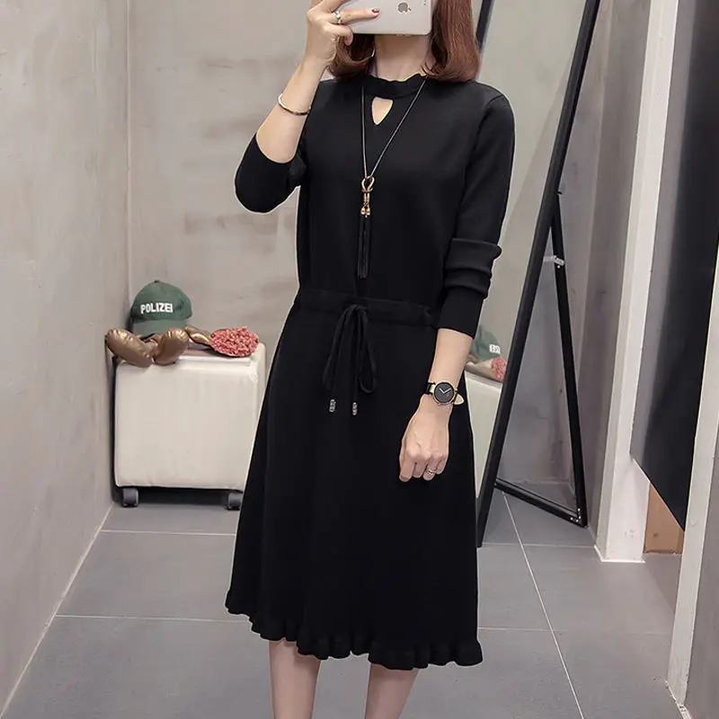 

2020 Spring Autumn Plus Size O Neck Women Sashes Long Sleeve Casual Solid Slit High Waist Bandage Knit Warm Mid-Calf Dress G59