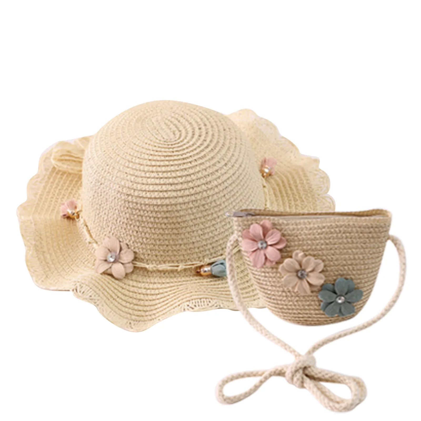 

2pcs Child Summer Straw Hat 2-6y Female Baby Girls Matching Bag Sun Shade Flower Pot Beach Hat Backpack Matching