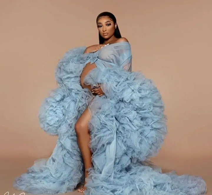 

Bridal Fluffy Tulle Maternity Robes Custom Made Sky Blue Women Long Tulle Dresses Photo Shoot Beach Birthday Party Tulle Robe