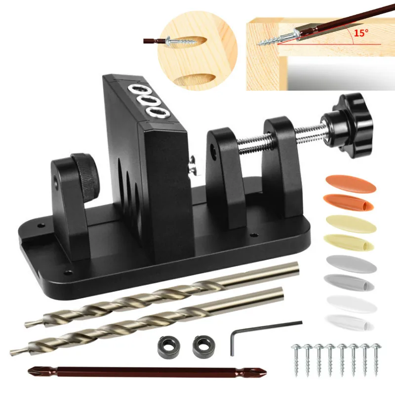 

Fnicel Wood Pocket Hole Jig System 15 Degree Oblique Hole Locator Woodworking Joinery Kit Inclined Drilling Bit Guide Dowel Jig