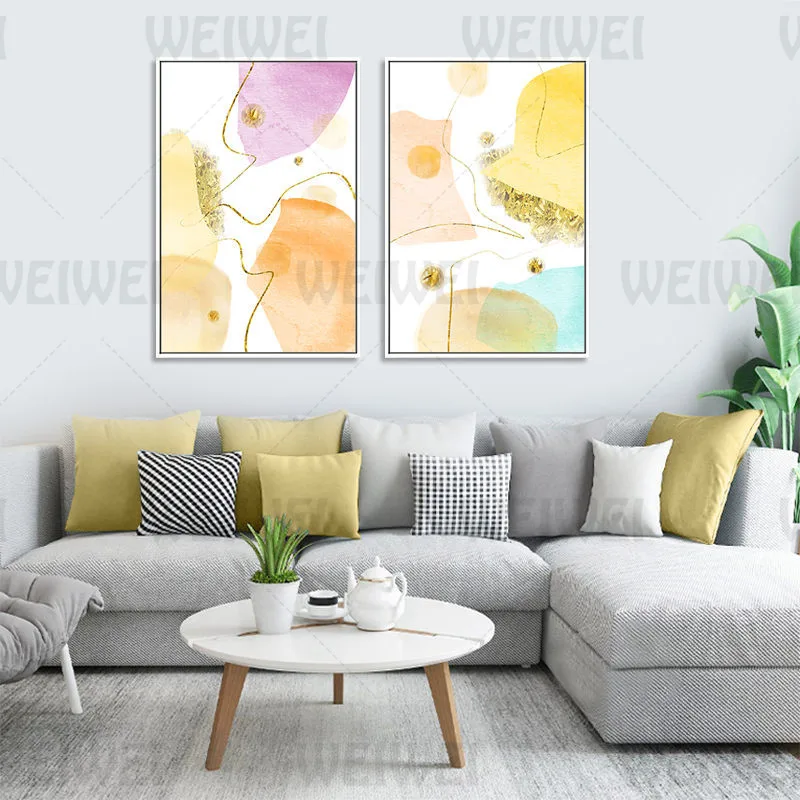 Абстрактная Асимметричная цветная живопись для украшения дома золотые линии