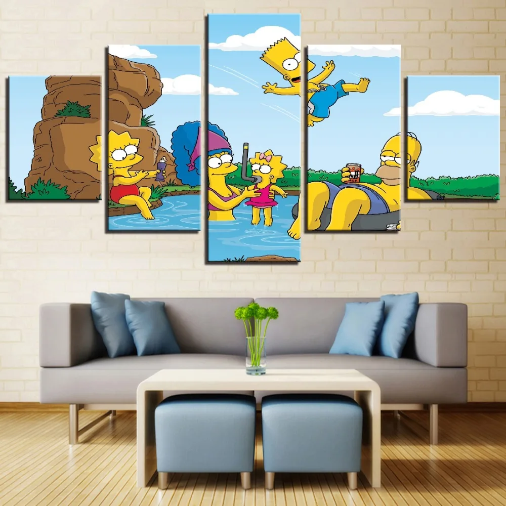 

Wall Art Picture Frame 5 Piece Simpsons Swim in Summer Anime Characters Canvas Painting Decor Kids Room HD Prints Posters
