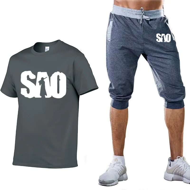 

Unisex New Mens T-shirt SAO Sword Art Online Summer casual Short sleeve Round Neck Cotton Men's T-shirt pants 2 piece suit