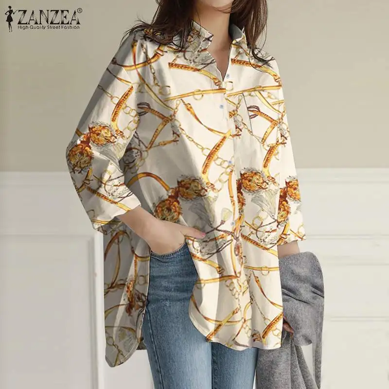 

ZANZEA Womens Retro Printed Shirts Fashion Lady Lapel Work Tunic Casual Loose Button Blusa Feminina 2021 Autumn Long Sleeve Tops