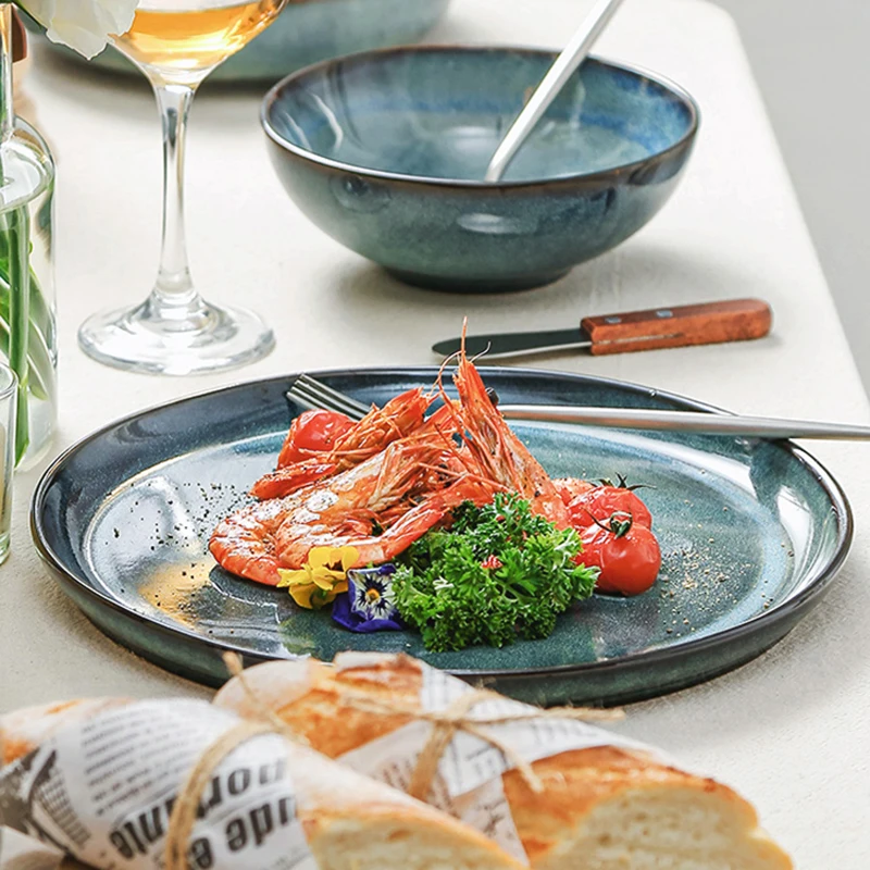 

1PC RELMHSYU Nordic Style Ceramic Kiln Glaze Retro Round Steak Flat Western Food Salad Dessert Dinner Plate Dish Home Tableware