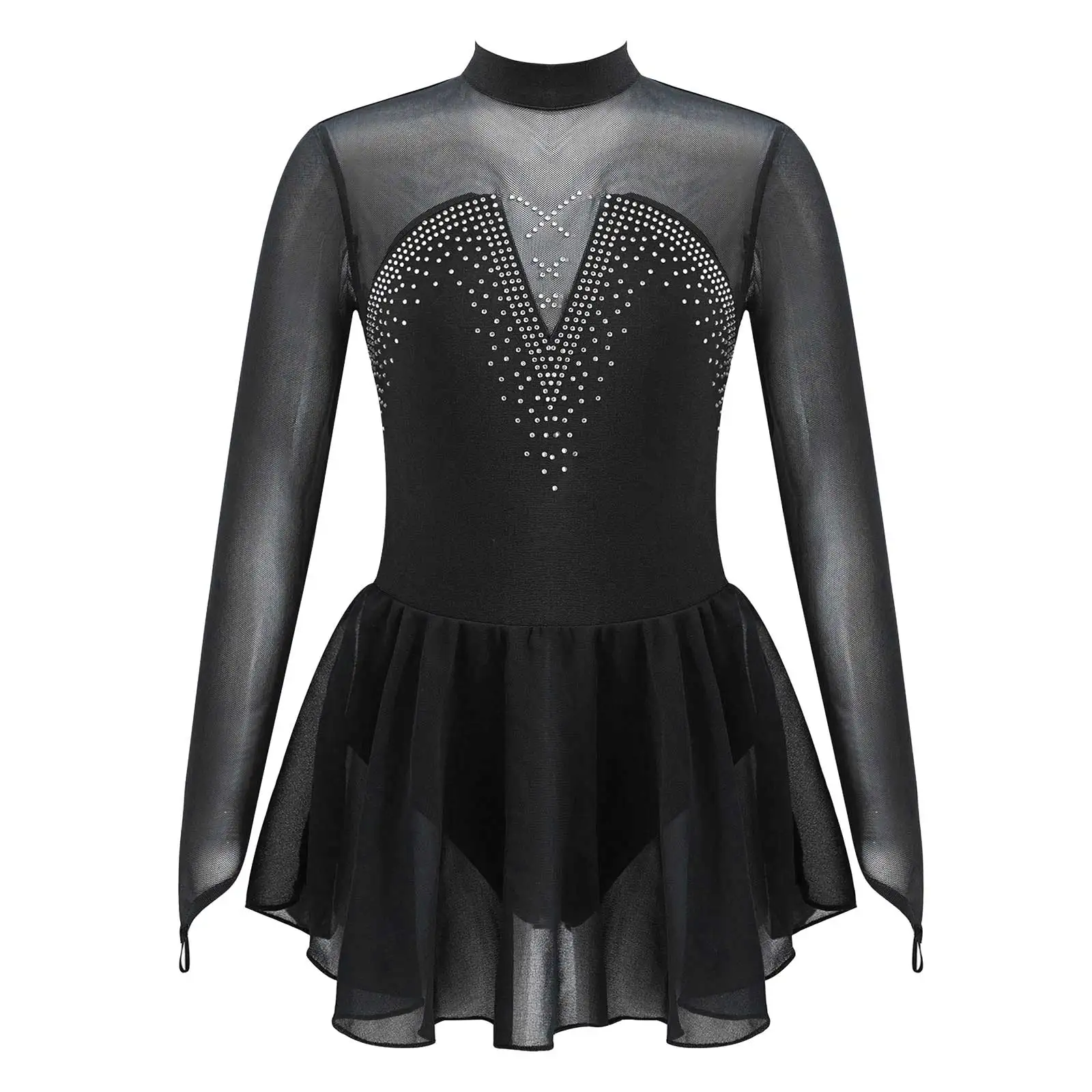 

Kids Girls Long Sleeve Figure Skating Dress Sparkly Rhinestone Sheer Mesh Ballet Leotard Dress for Dance Gymnastics Performance