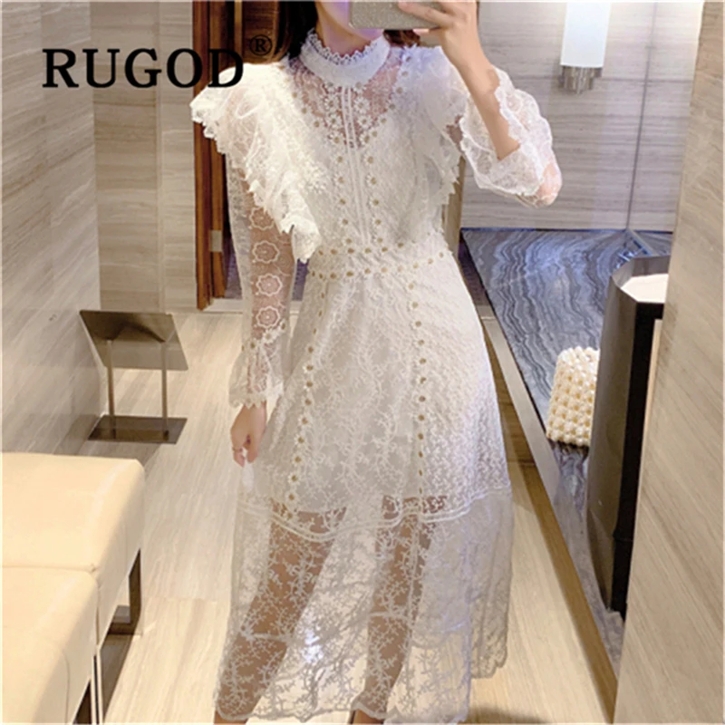 Женское кружевное платье RUGOD элегантное белое с вышивкой и расклешенными
