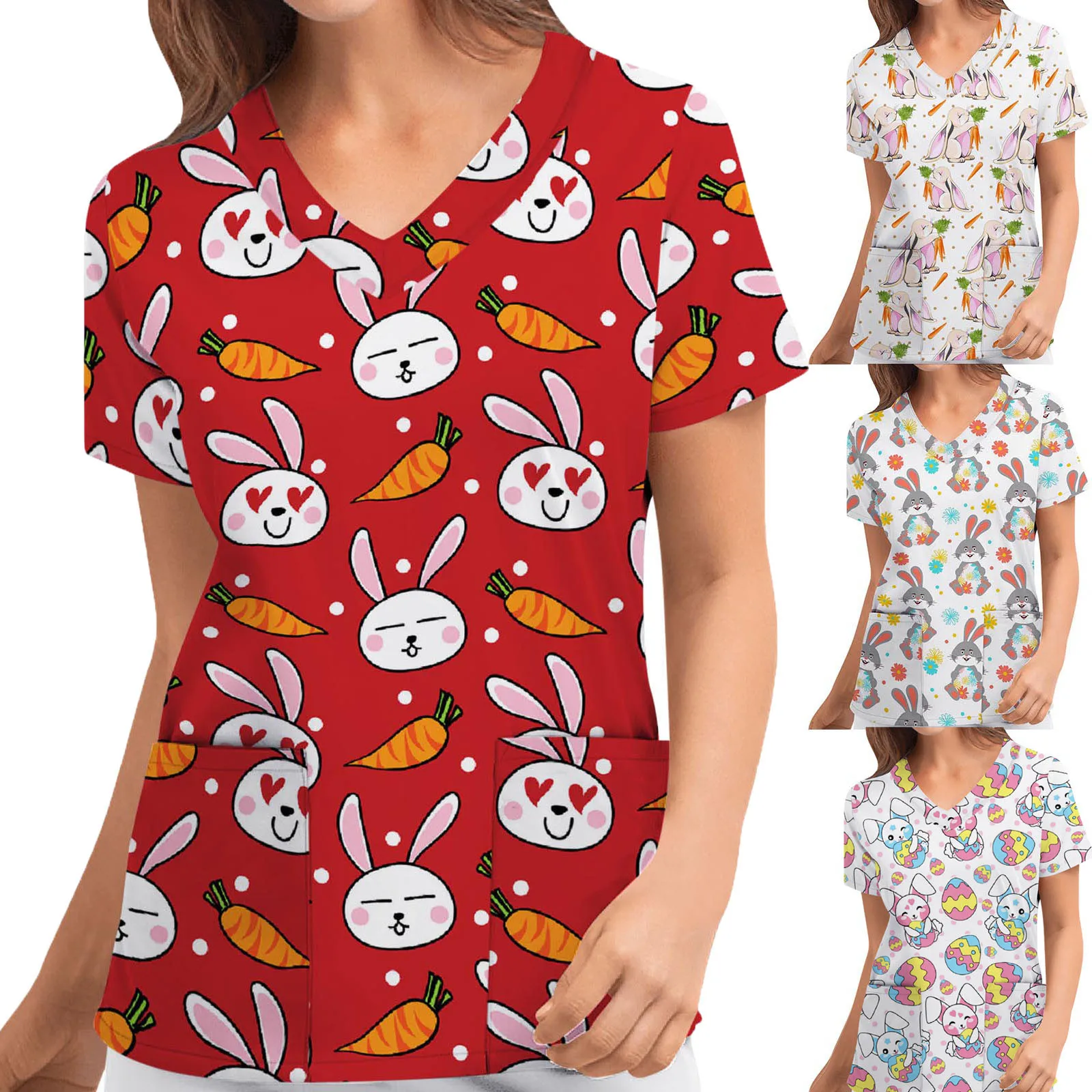 

Nurse Uniform Women Plus Size Easter Bunny Printed Casual Short Sleeve V-neck Scrubs Tops Pockets Blouse медиинская одежда L*