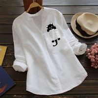 women tops button cute and sleeve laple shirt autumn blouses blouse long kawaii cat shirts cotton pocket linen blusas print wome