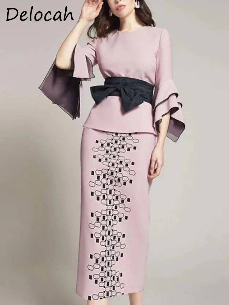 

Delocah/высокое качество, Весенняя женская мода, Подиумные юбки, комплект, расклешенный рукав, бант, пояс, топы + высокая талия, геометрические ю...