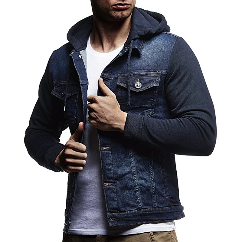 

Jean jacket Men Autumn Spring fashion knitting Hooded denim jacket men Casual Slim streetwear men's jackets coats