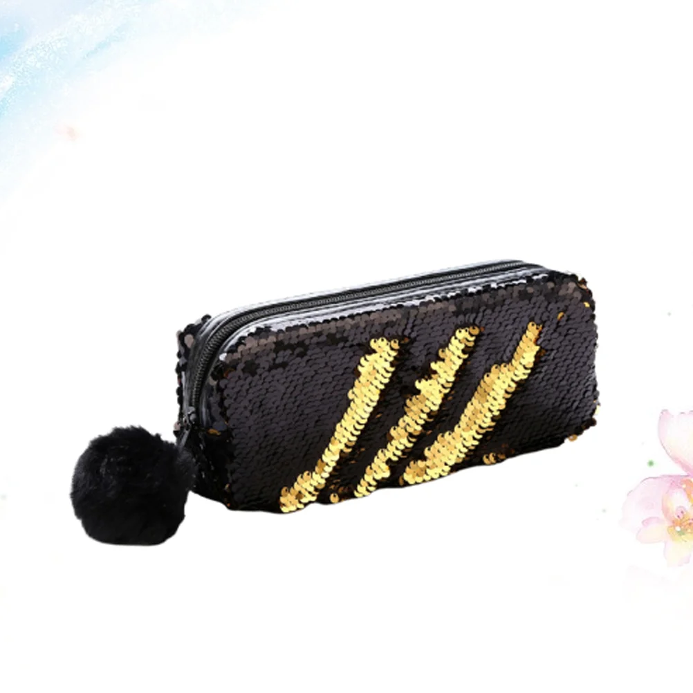 

Pen Case with Pompon And Sequins Lady's Makeup Bag with Sequined Pencil Case