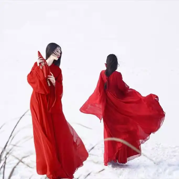

Oriental Traditional Chinese Hanfu Dress for Women Solid Red Plus Size Chiffon Folk Dance Costumes Female Vintage Tang Suit