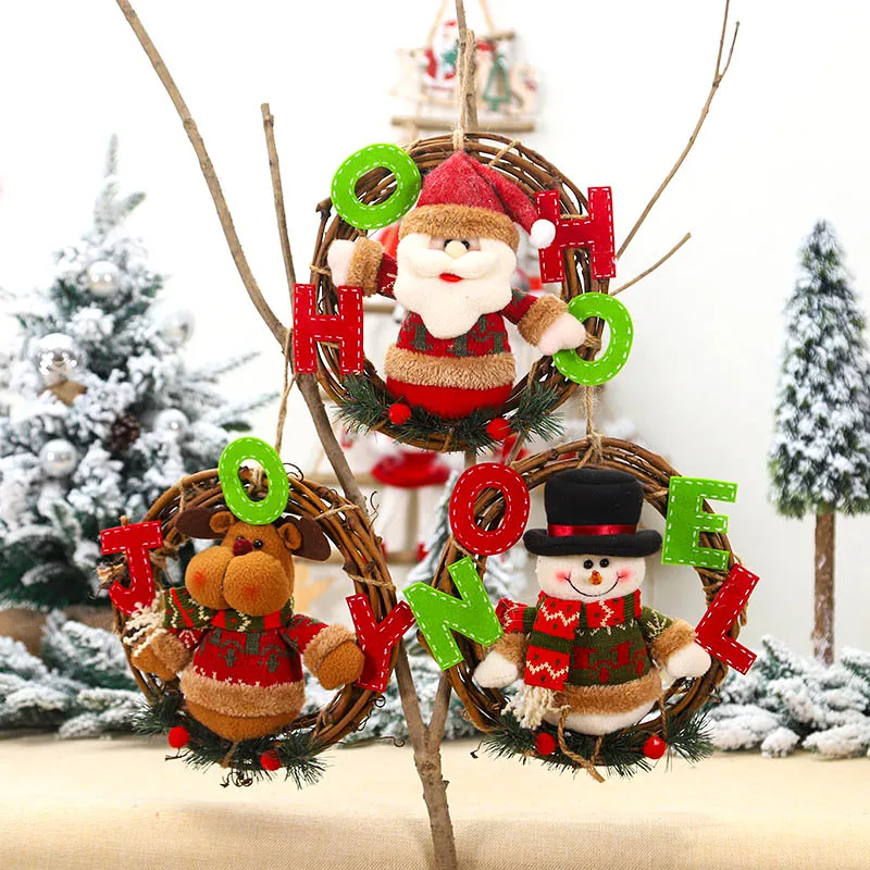 

Christmas gift pendant decoration DIY rattan garland door hanging plush Santa snowman elk window scene gift pendant 25X25CM