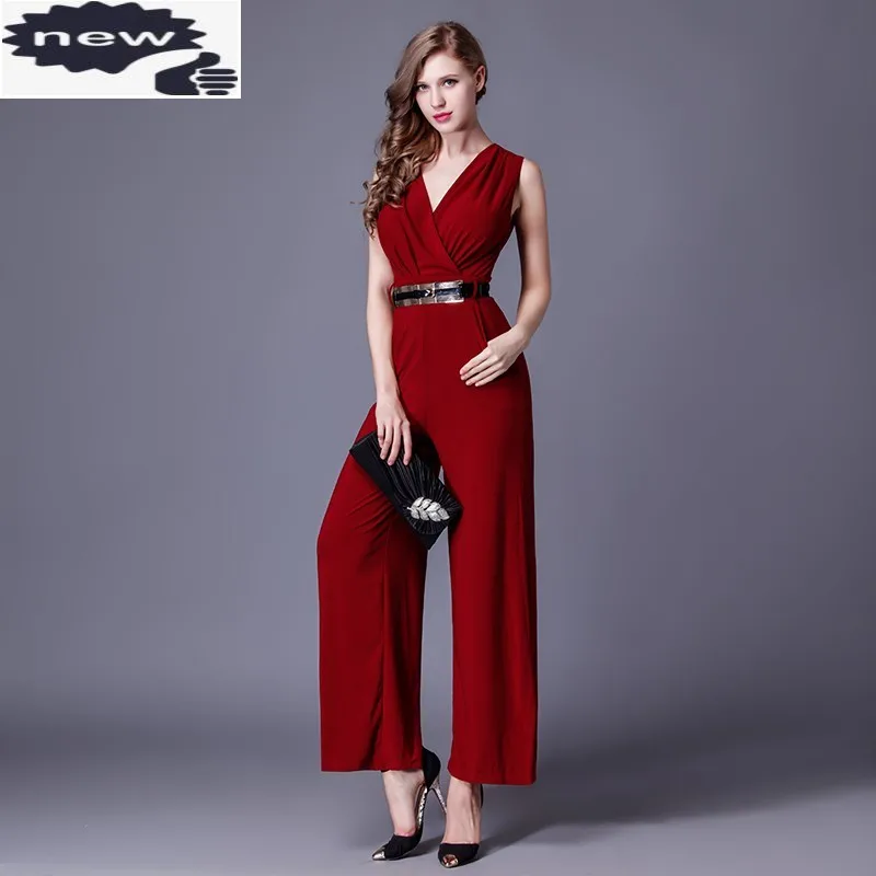 Fashion Women Sexy V Neck Sleeveless Jumpsuit Ankle Length Wide Leg One Piece Playsuits Office Ladies High Waist Sashes Bodysuit