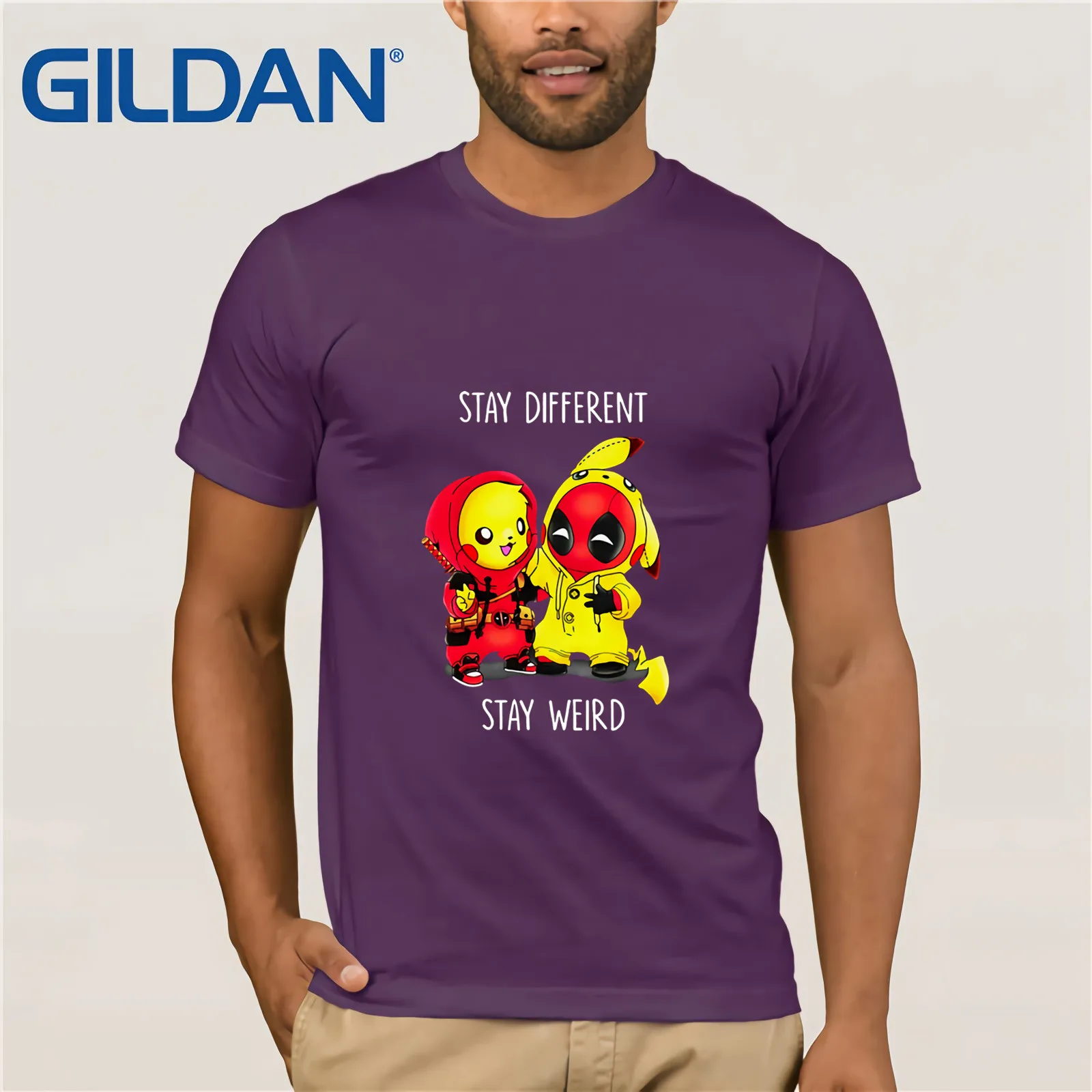 Pikachu Deadpool Stay Different Weird Shirt Summer Men's Short Sleeve T-Shirt Vintage Crew Neck Cotton Tee Present | Мужская одежда