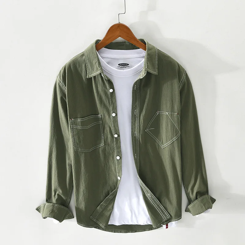 2021 Spring Summer New Men's Casual Cotton Vintage Long Sleeve Shirt