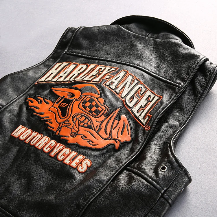 

2021 New Factory Men Back Lucky pig skull Motorcycle Leather Jacket Fashion Thick Cowhide Diagonal zipper Bomber Biker Vest