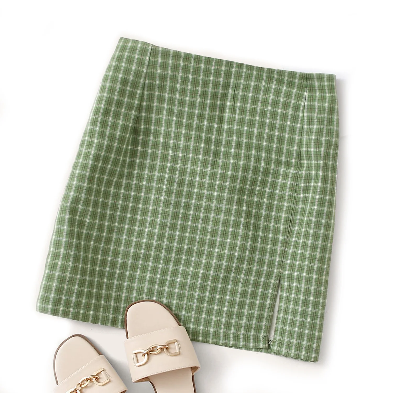 

Plaid Mini Skirt Side Slit A-Line Causal Elegant Fashion High Waist Zipper Slim Colleage Skirt For Summer Women 2021 New