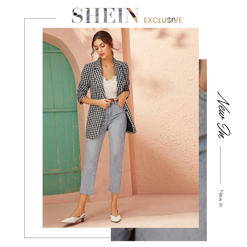 SHEIN черный и белый блейзер в клетку с зазубренным воротником для женщин; сезон осень-весна; однобортные повседневные блейзеры в клетку