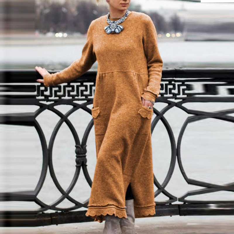 

Women O Neck Large Size knitting Lace Long Dress Autumn Winter Warm Long Sleeve Pocket Dress Retro Solid Color All Match Dress