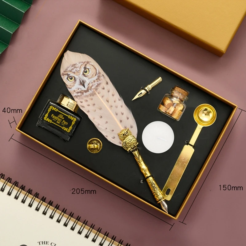 

Retro Calligraphy Quill Owl Feather Dip Pen with Nib Wax Seal Stamp Gift Box N84A