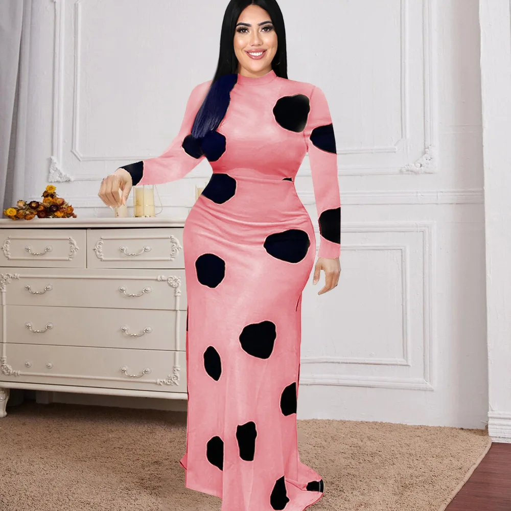 

New Round Neck Long Sleeves Polka Dot High Waist Bag Hip Skirt Long Skirt Party Performance Costume Plus Size Women's Dress